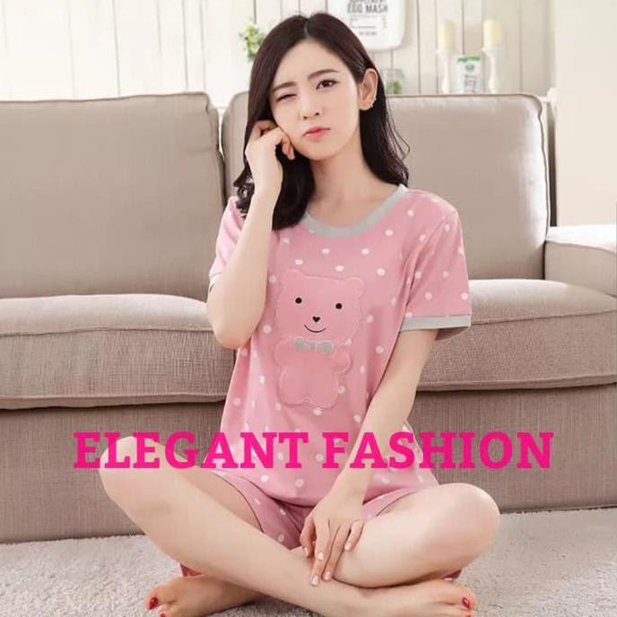 Baju Tidur Piyama Kaos Setelan Pendek Wanita Cewek Bear Polkadot