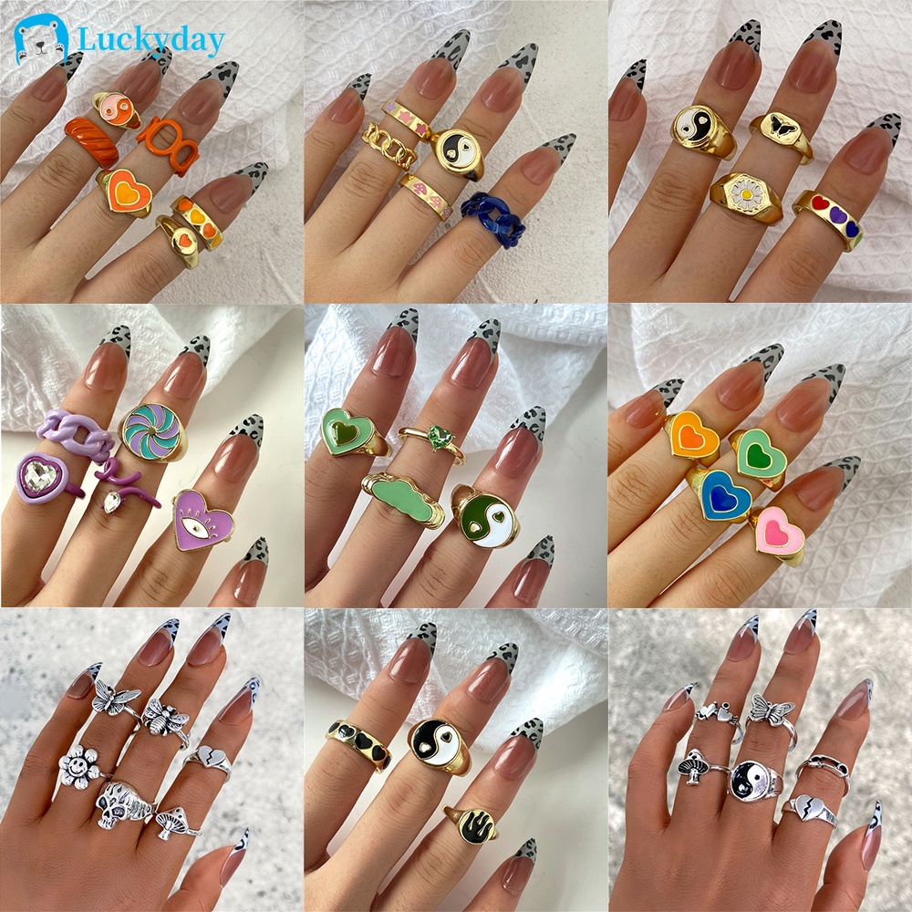 YEEZII Set Cincin Desain Kupu-Kupu Hati Warna-Warni Bahan Resin Untuk Wanita