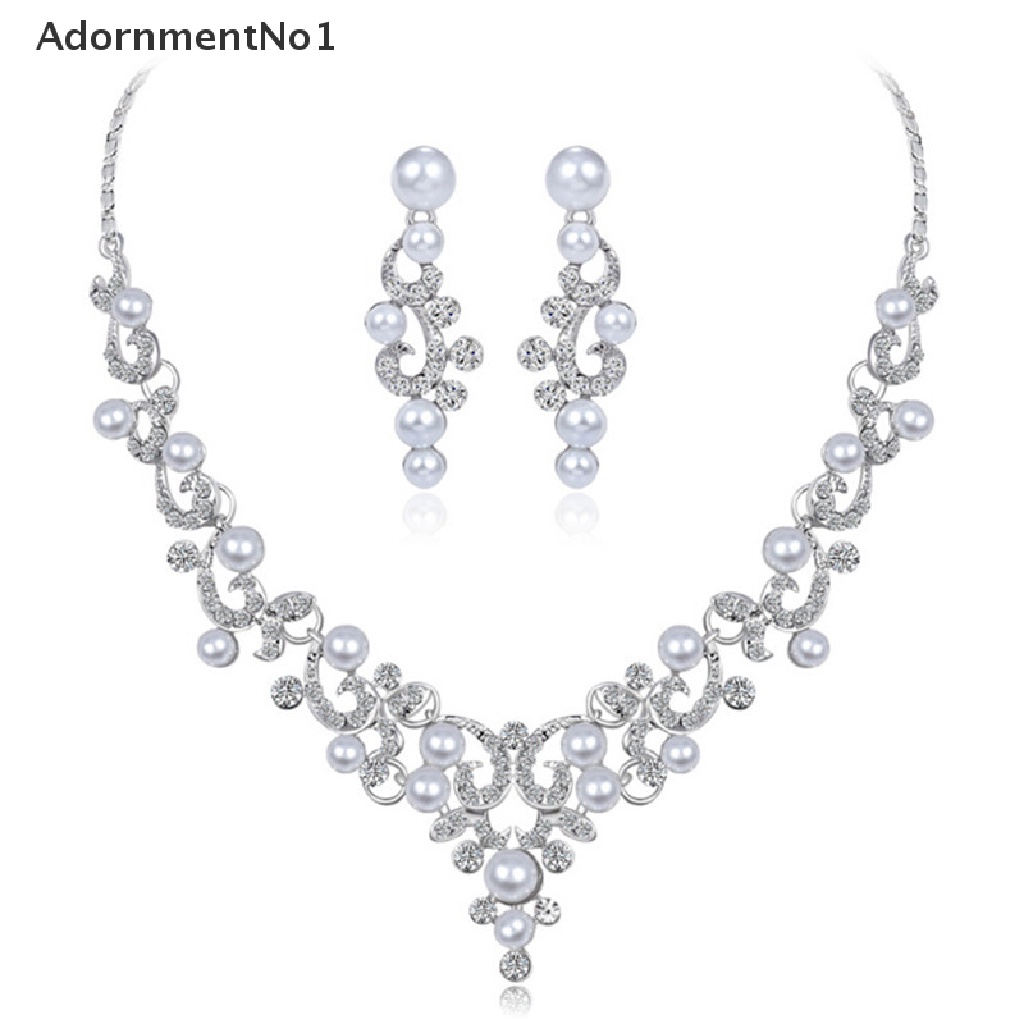 (AdornmentNo1) Set Kalung + Anting Tusuk Aksen Mutiara + Berlian Imitasi Untuk Perhiasan Wanita