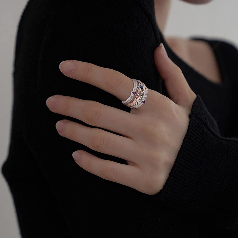 Cincin Berlian Penuh Permata Geometris Multi Baris Warna-Warni Untuk Wanita