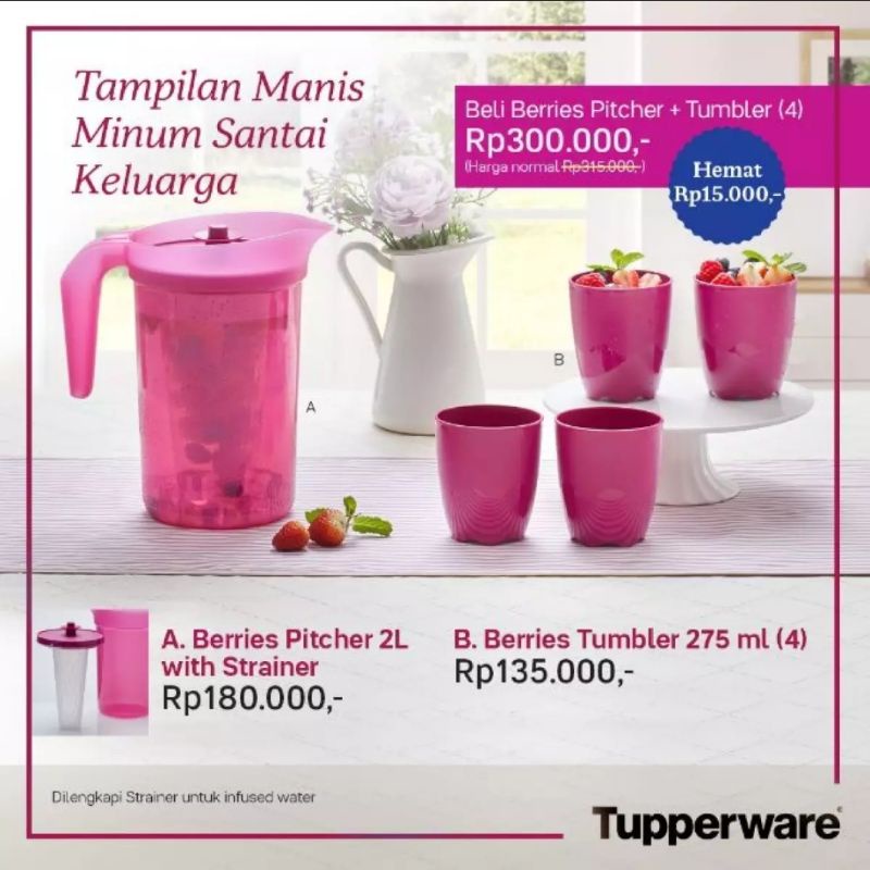 Tupperware Berries Set Pitcher 2L Jug & Tumbler 275ml // Teko Saring Gelas Minum