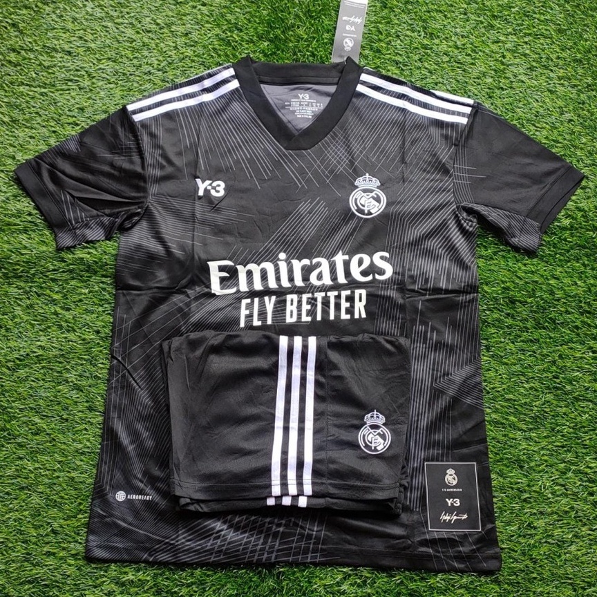 SETELAN REAL MADRID HITAM Y3 KAOS / BAJU DAN CELANA PENDEK KOSTUM JERSEY BOLA FUTSAL 2022 2023 GO PR