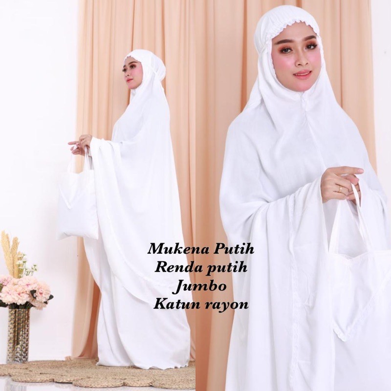 Mukena terusan putih polos jumbo renda