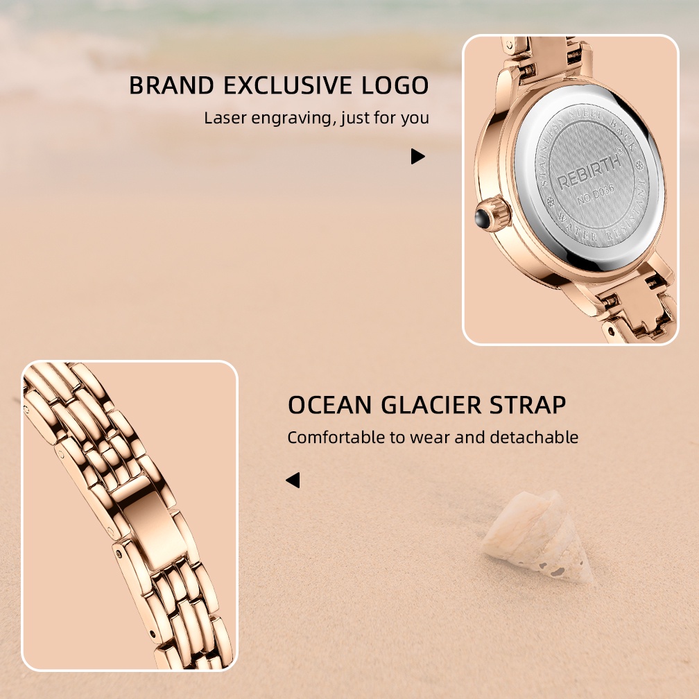 REBRTH Jam Tangan Wanita Mode Anggun Ibu Mutiara Dial Tali Stainless Steel Tahan Air Display Kuarsa Jam Tangan Cewek