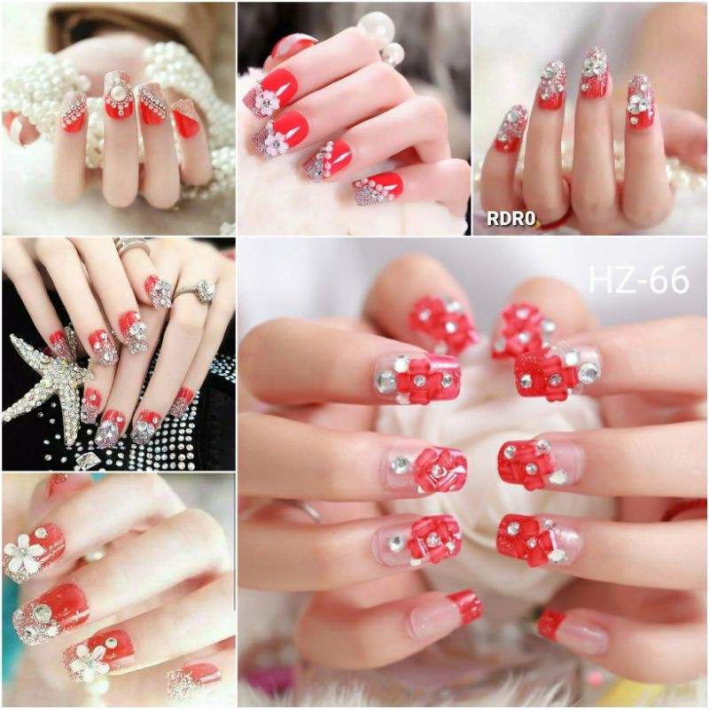 Wedding fake nail 3D Red rhinestone kuku palsu merah pernikahan