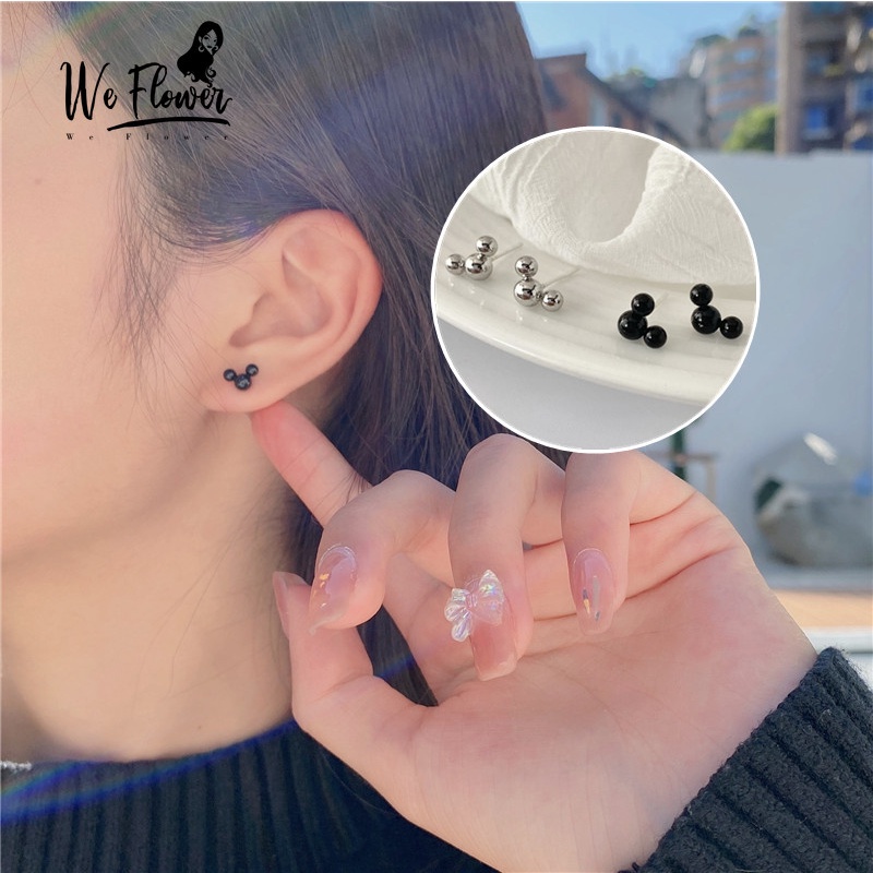 We Flower S925 Perak Lucu Hitam Manik-manik Mickey Stud Anting-Anting untuk Wanita Gadis Korea Kartun Mouse Anting-Anting Fashion Perhiasan Telinga