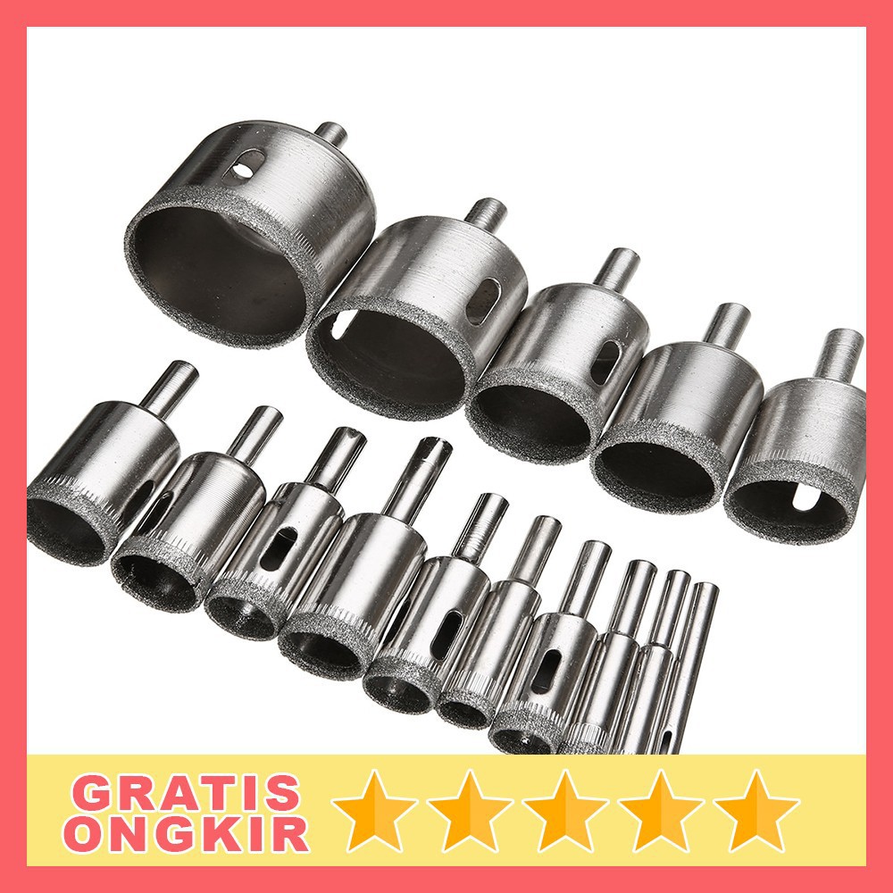 SH8-2 Set isi 16 / 15 / 10 Pcs Mata bor Keramik Kaca Marmer Bulat 1  Lubang Diamond Granit Besi Baja 8mm Sampai 50mm / Set MataBor Kaca Holesaw Hole Saw Keramik Granit Marmer Batu Porselen Permata Hss Pelubang Ceramic Original Asli