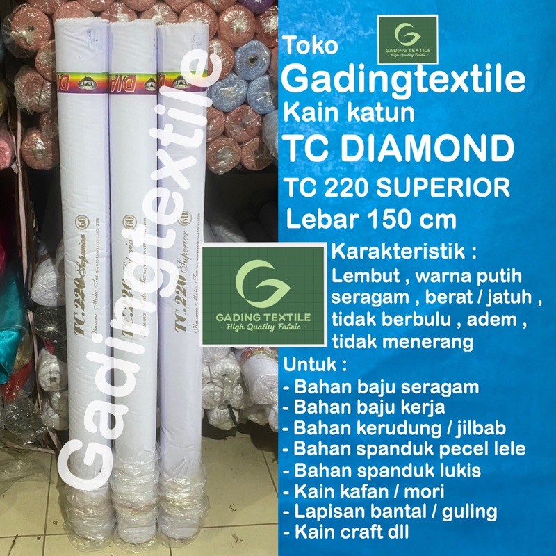 ( per setengah meter ) Kain katun jepang putih TC 220 DIAMOND SUPERIOR meteran lebar 150 cm bahan baju kemeja hem seragam sekolah sd smp sma kerja dinas putih spanduk lukis pecel lele mori kafan background backdrop foto kerudung jilbab bergo alas piknik