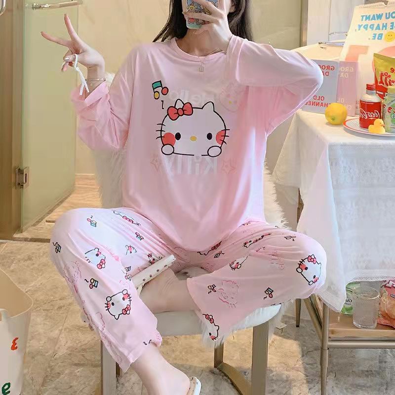 Setelan Piyama Bahan Adem Lengan Panjang Oversize Karakter Lucu Baju Tidur Wanita-music h. kitty