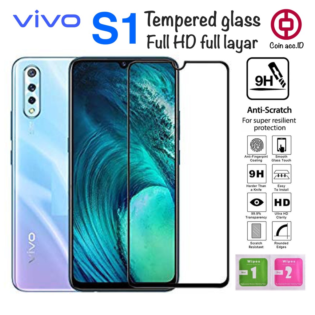 Tempered glass full screen VIVO S1 / S1 pro  - 9D list warna hitam S+KING