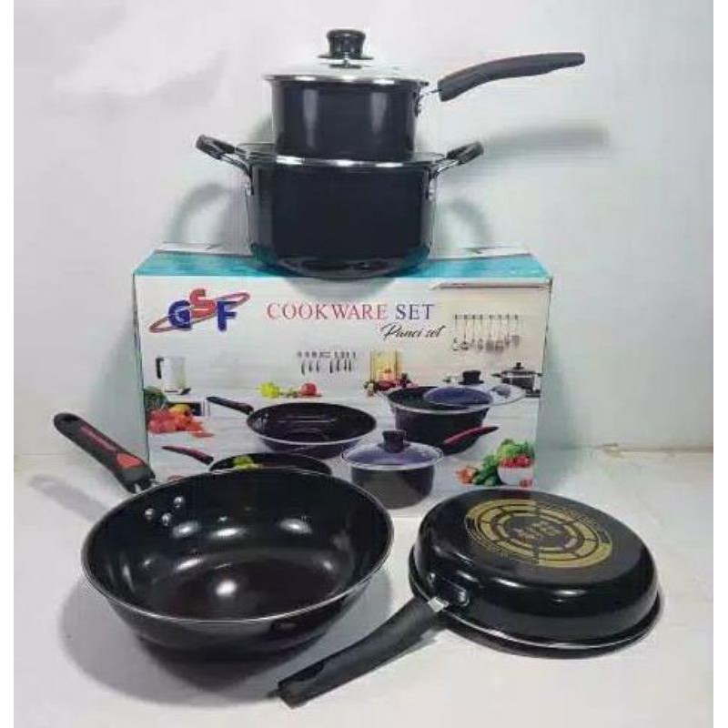 panci set enamel gsf 1831 6pcs 8830 cookware set GSF enamel + tutup kaca anti lengket