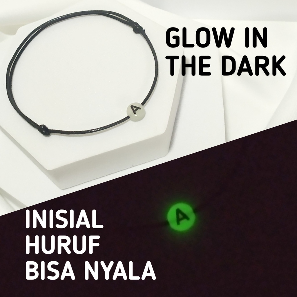 Gelang Inisial Huruf Glow In The Dark Bisa Menyala Tali Hitam Anti air