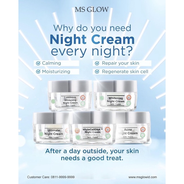 【Official Store】MS GLOW Night Cream MsGlow | Acne Whitening Luminous Whitecell Ultimate | Cream Malam Jerawat Kusam Flek Pori Pori Besar Pelembab Pencerah