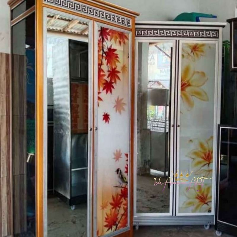 Lemari Pakaian / Baju Pintu 2 Kaca Motif Unik Bahan Alumunium