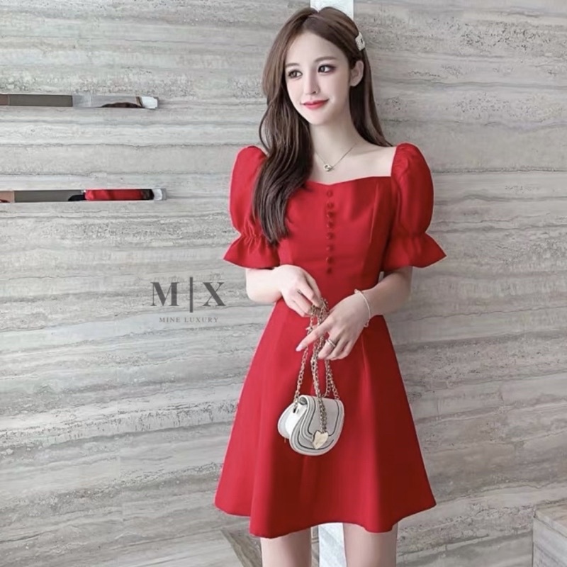 DRESS CNY GAUN PUFFY SABRINA IMPORT MERAH RED WANITA MX512