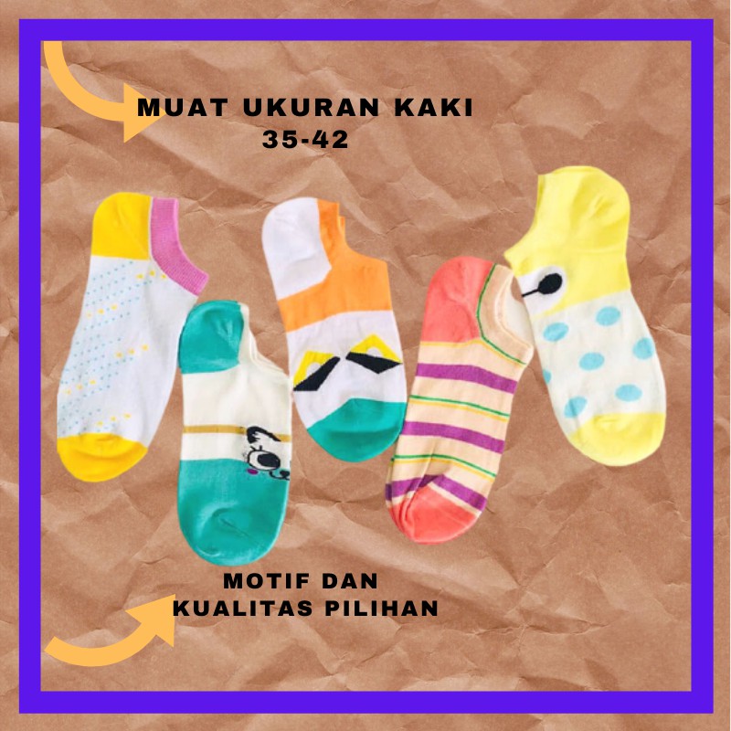 KAOS KAKI PENDEK WANITA. 5 PASANG KAOS KAKI WANITA PENDEK. KAOS KAKI MOTIF WANITA IMPORT