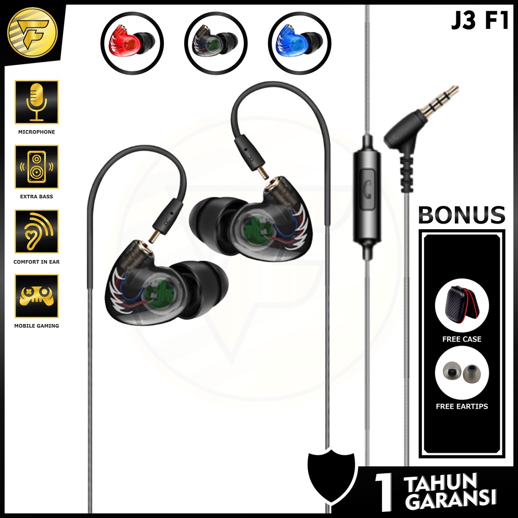 J3 Audio F1 Pro earphone stereo bass music telfon sport headset mic original