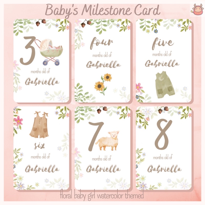 Baby milestone card baby girl premium watercolor floral theme free custom name