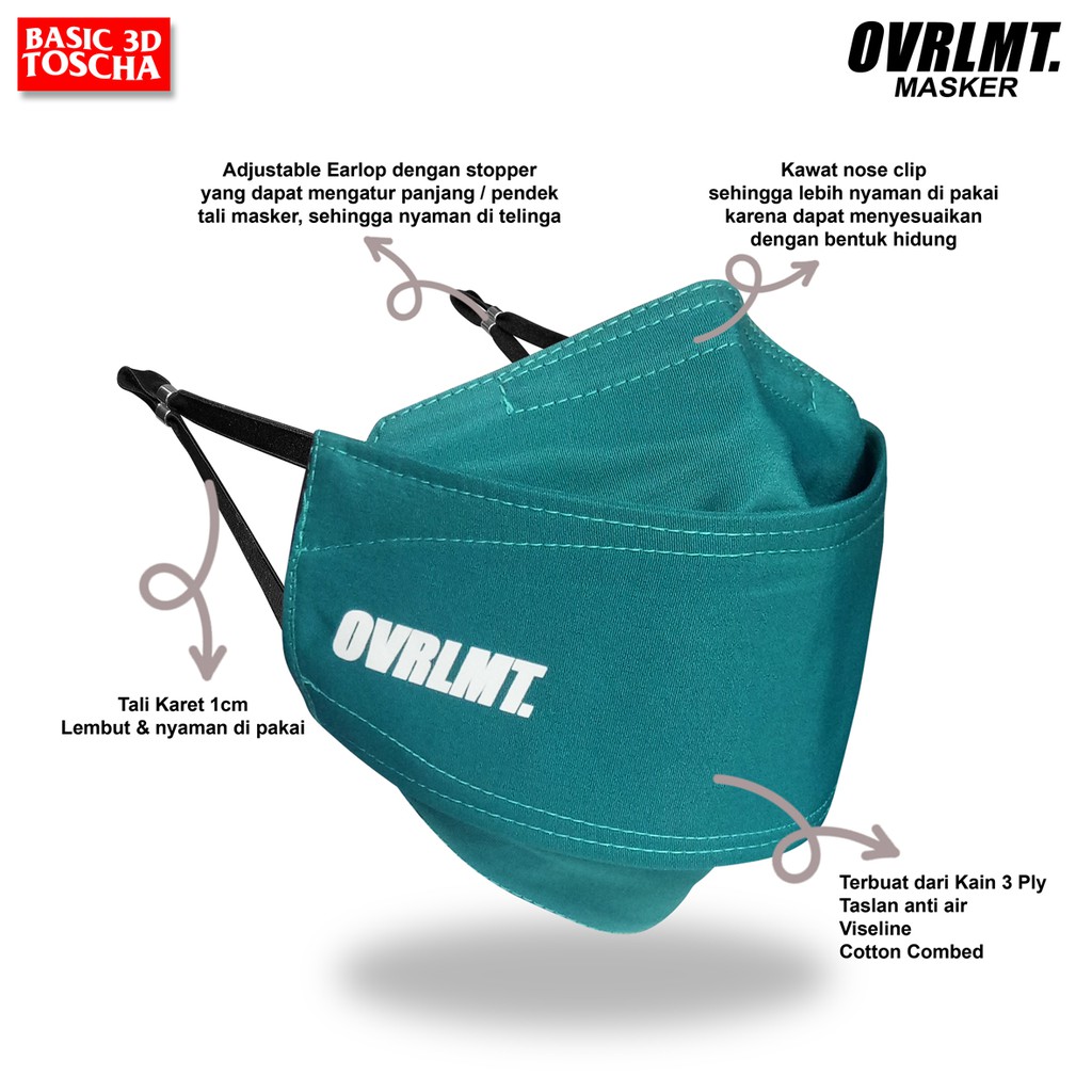 OVERLIMIT BASIC 3D Tosca - Masker Pria Wanita Premium Dewasa 3 ply kain 3 lapis Motif Distro Model Adjustable Strap Mask Bahan