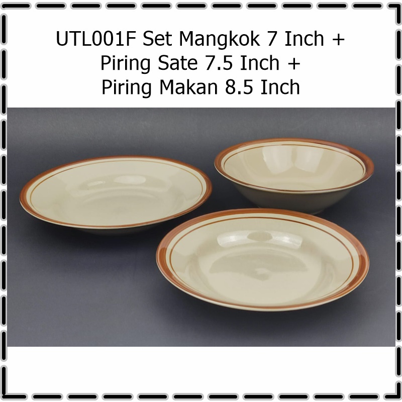 UTL001F [3in1] Set Mangkok 7 Inch + Piring Sate 7.5 Inch + Piring Makan 8.5 Inch Kerami Lucky Fine