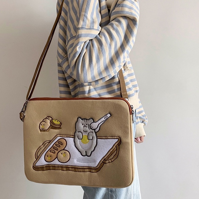 Sleeve Pouch Sarung Tas Bag Case Ipad Tab Tablet Macbook Air Pro Laptop Asus Acer Lenovo HP Huawei 11 12 13 14 15 inch Motif Gambar Kucing Cat Warna Coklat Cream Lucu Cute Murah Korean Model Tali Selempang Jinjing Bahu Pundak