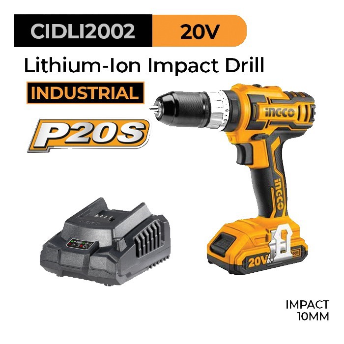INGCO CIDLI2002 Cordless Impact Drill 10mm Bor Besi Tembok Baterai 20V