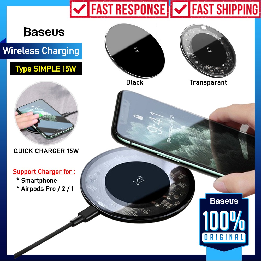 Wireless Charger Baseus Simple 15W Fast Charging iPhone Samsung Huawei