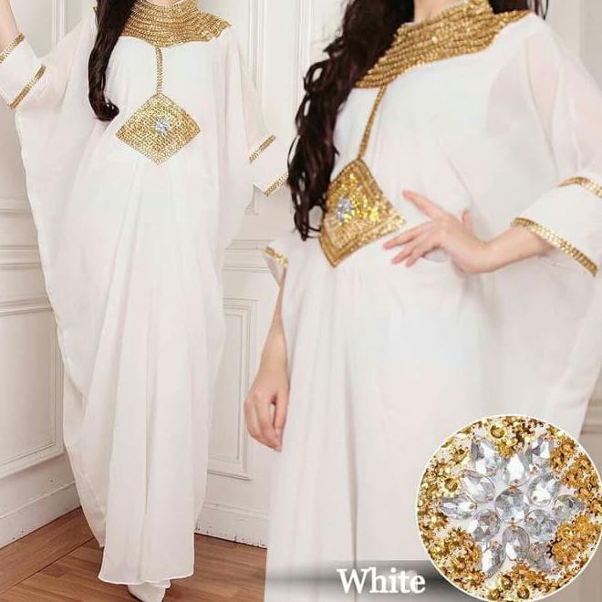 3Veo Gamis Kaftan Lebaran / Kaftan Modern / Kaftan Muslim Cleopatra Putih Kfxr