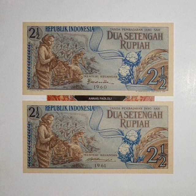 (Tahun 1960 &amp; 1961) Paket uang kuno 2 setengah rupiah sandang pangan tahun 1960 &amp; Tahun 1961