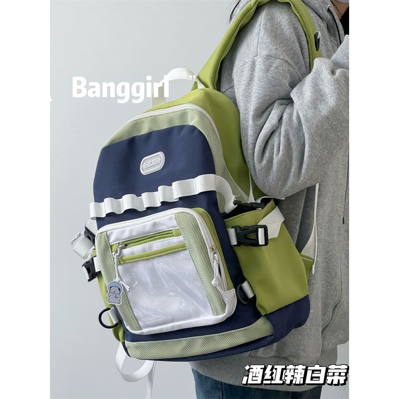 ✳▤♙Sera Matcha Hijau Jepang Kapasitas Besar Semua Pertandingan Ransel Versi Korea Warna Kontras Merek Perkakas Tas Sekolah Retro Ransel Wanita