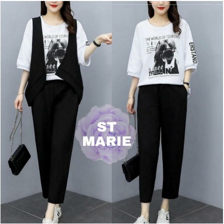 Setelan Marie /3in1 setelan snap/ST MARIE / setelan baju wanita korean Style jumbo/ rompi kamera/baj