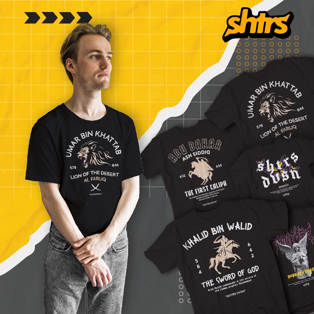Baju Kaos Dakwah Distro Umar Bin Khattab Sahabat Nabi Hitam Pria Original Lengan Pendek Cowok Cewek 