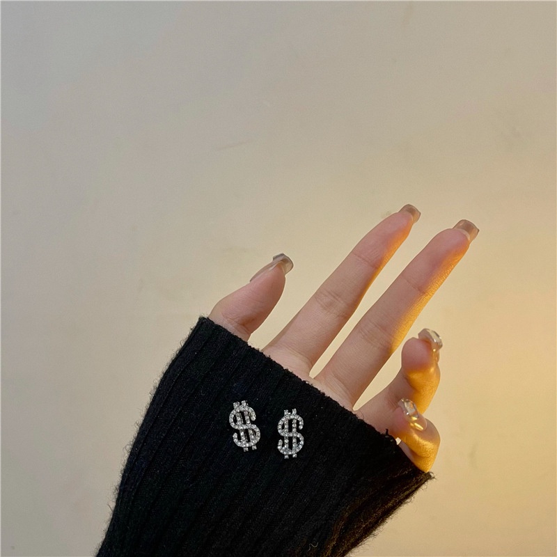 S925 Silver Money Symbol Stud Earring Trendy Rhinestone Earrings Fashion Jewelry Accessories