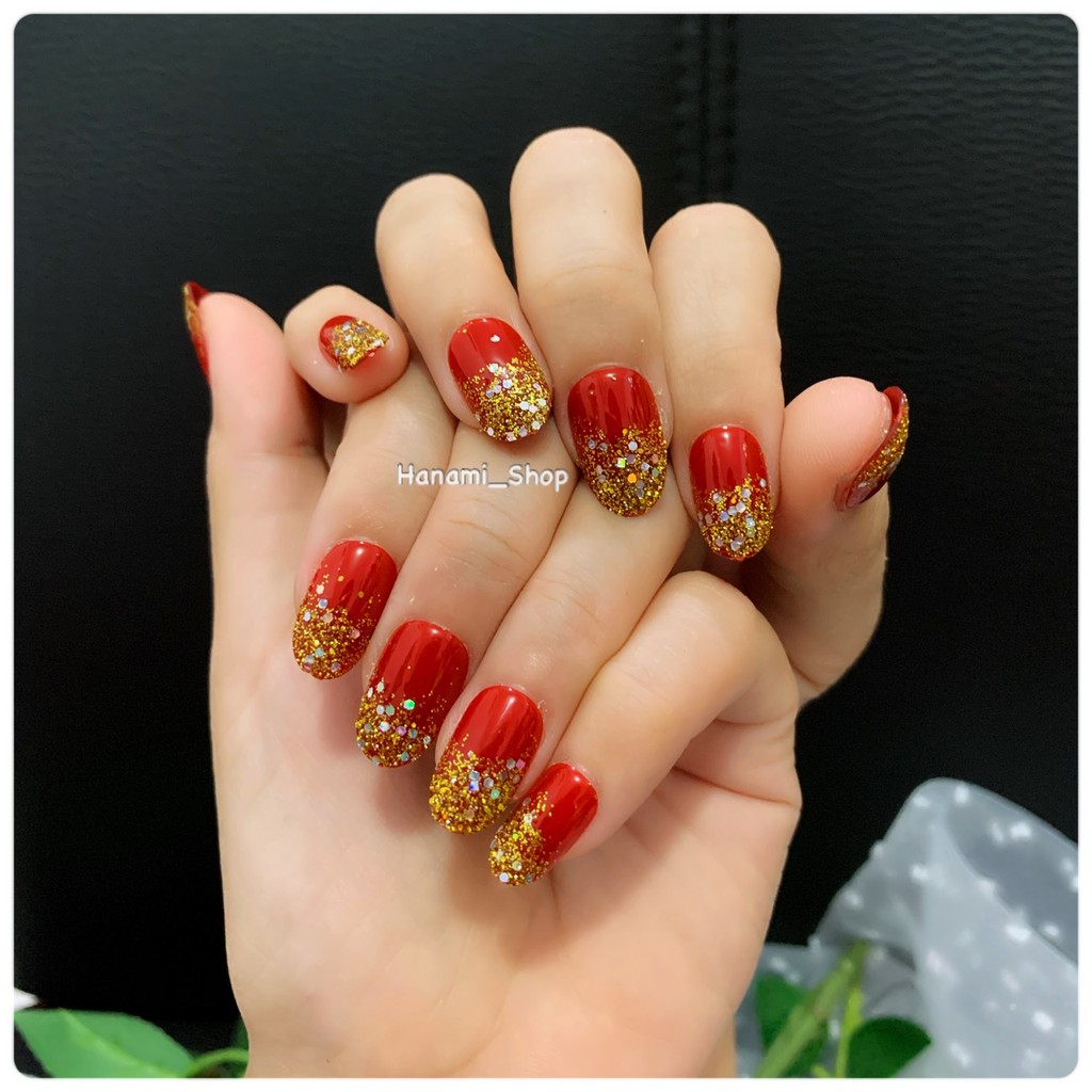 KUKU PALSU NAILART FAKE NAIL red merah gold emas glitter maroon marun