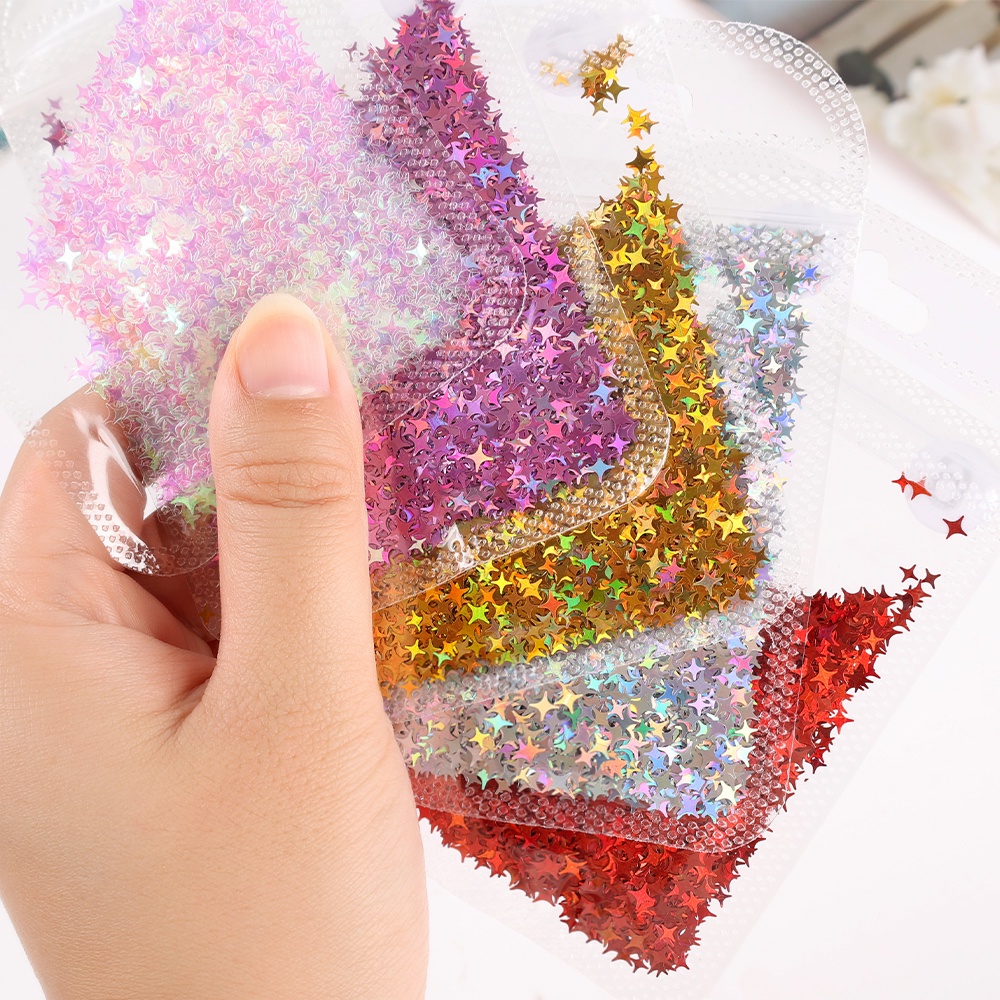 1 Kantong Stiker Kuku Glitter Sequin Holografik Bentuk Bintang 3D Warna-Warni Untuk Dekorasi Nail Art