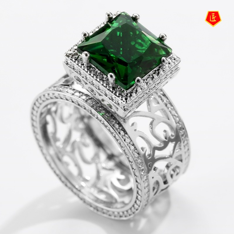 [Ready Stock]Temperament Hollow Flower Emerald Square Diamond Ring