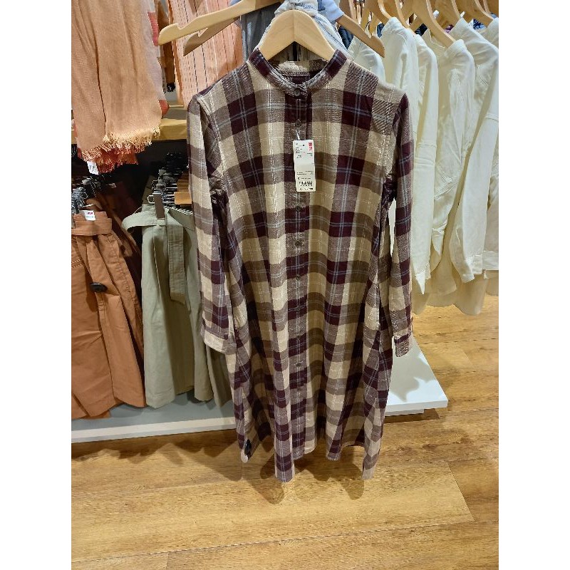 UNIQLO Maxi Dress Original SALE Flanel Katun Spandex Kotak Kotak Lengan Panjang GARANSI TERMURAH