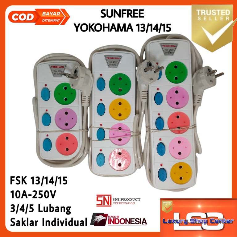 Stop Kontak saklar SUNFREE YOKOHAMA 13,14,15 Stop kontak 3, 4, 5 lubang + saklar individual, kabel colokan 1.8meter Ber-SNI