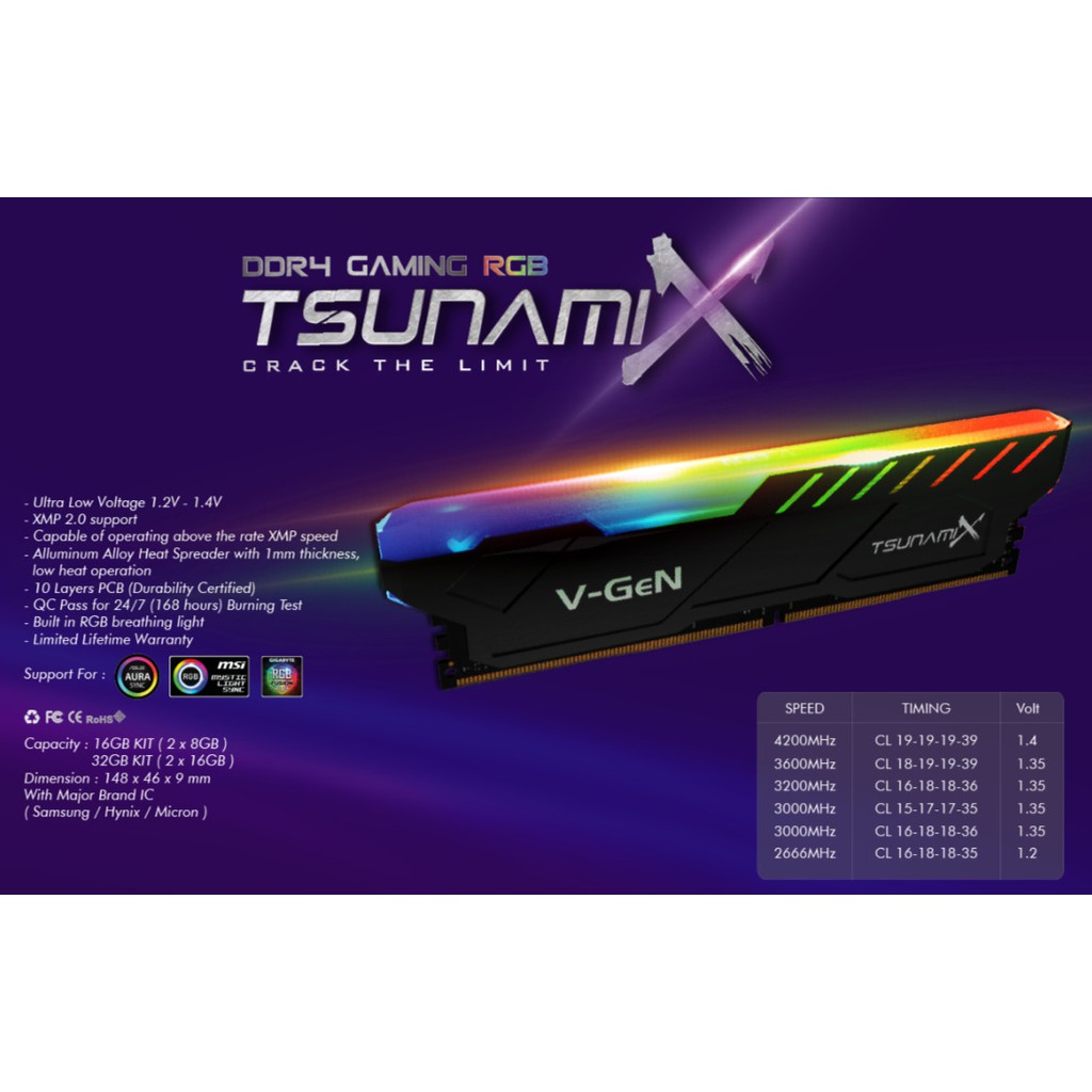 RAM DDR4 V-GeN Tsunami X RGB 16GB (2x8) 3600 MHZ CL 18
