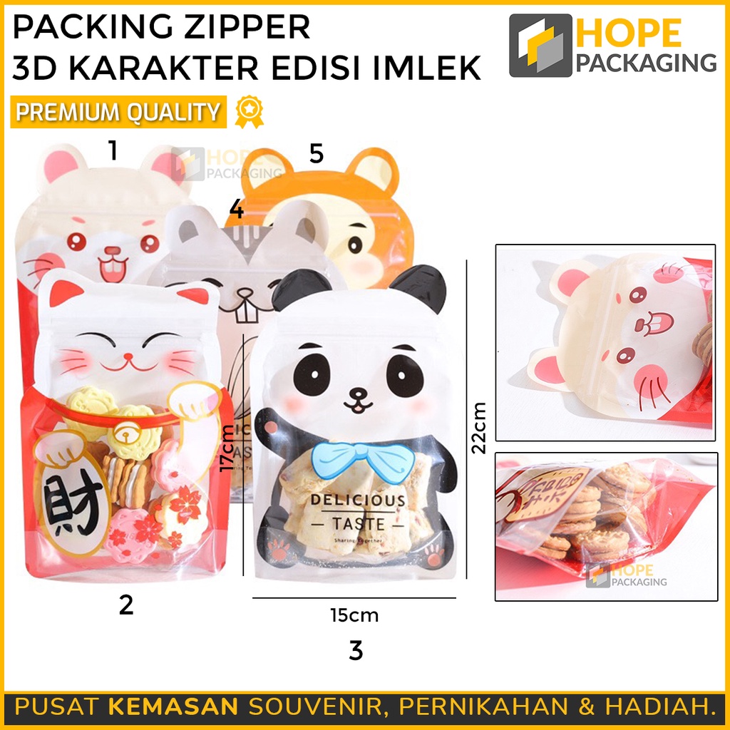 [ 5 PCS ] Packing zipper karakter animal / Ziplock gambar lucu untuk snack Imlek permen plastik souvenir ultah anak