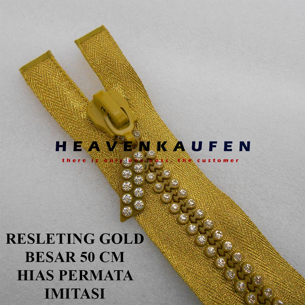 Resleting Zipper Besar Gold Panjang 50 cm Hias Permata Imitasi