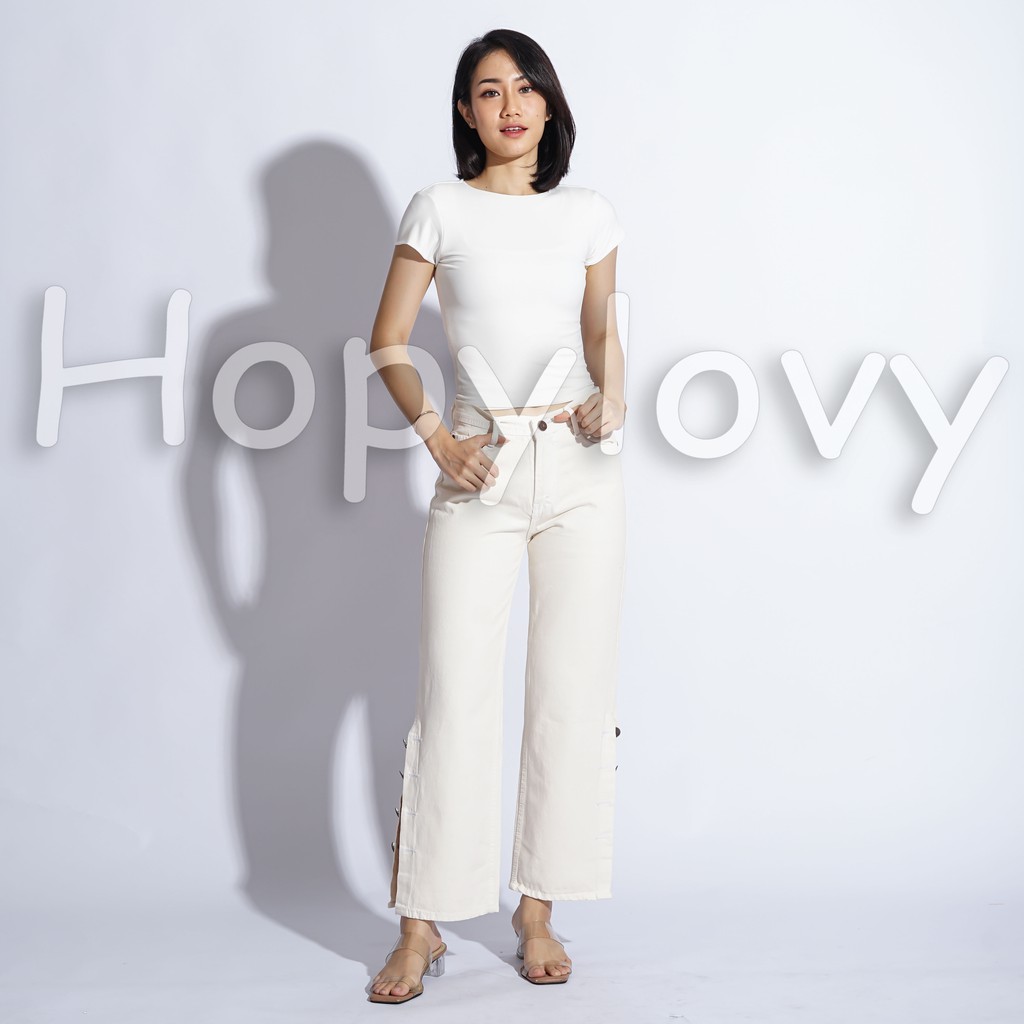 HOPYLOVY - Celana Boyfriend Jeans Model Kulot Kancing Samping Cream Arabela