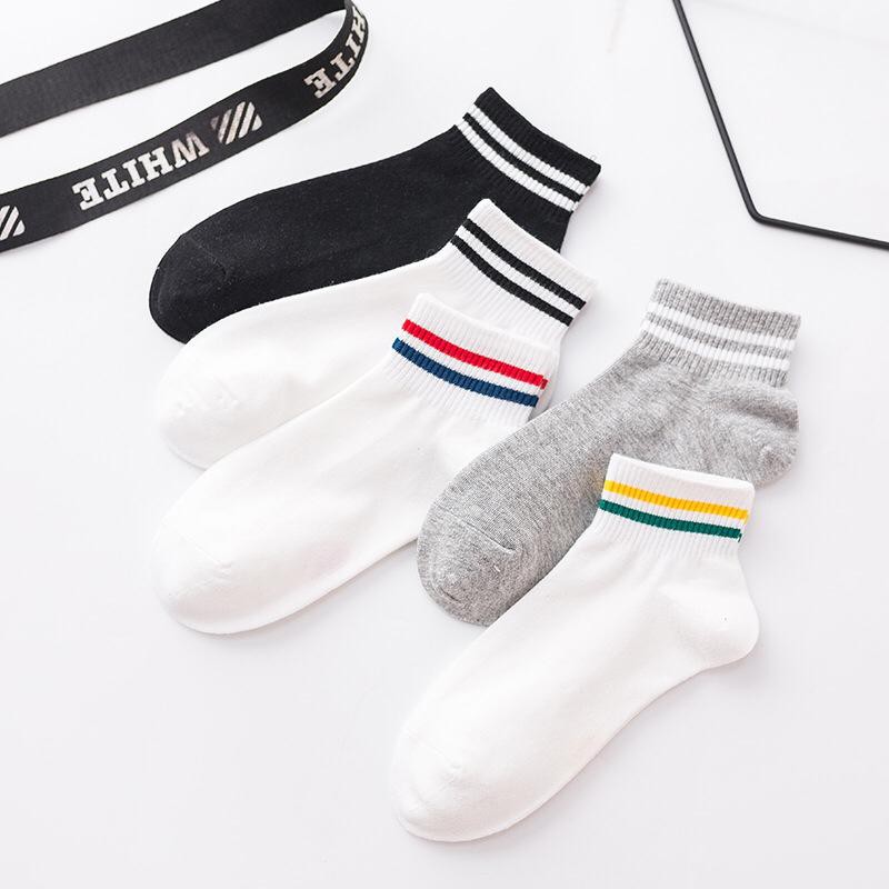 ✧YUKSHOPING✧ R140 Kaos Kaki Korea Style Casual Sport Motif Garis Bahan Katun Warna Polos Medium Sock-5