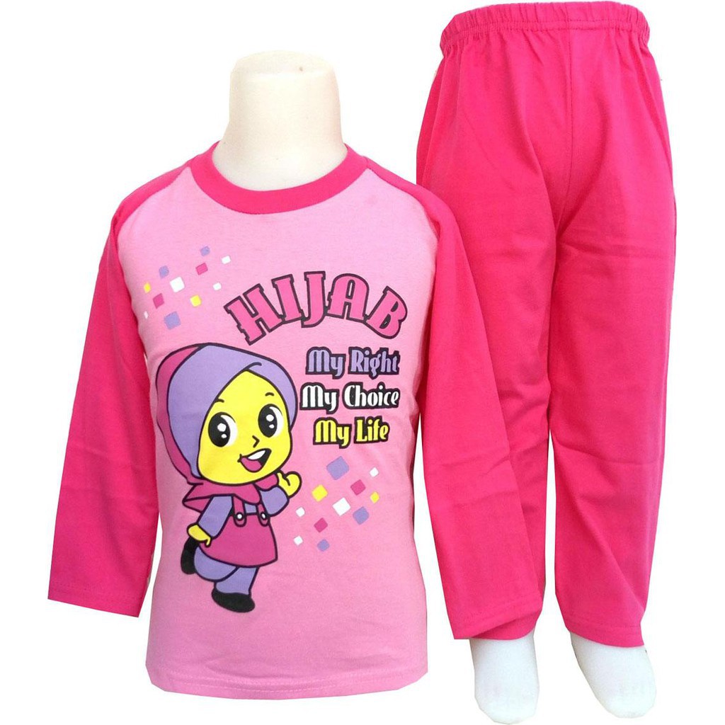MANTROLL - Setelan Kaos Katun Anak Muslimah Cewek Lengan Panjang Warna Pink usia 1-10 tahun