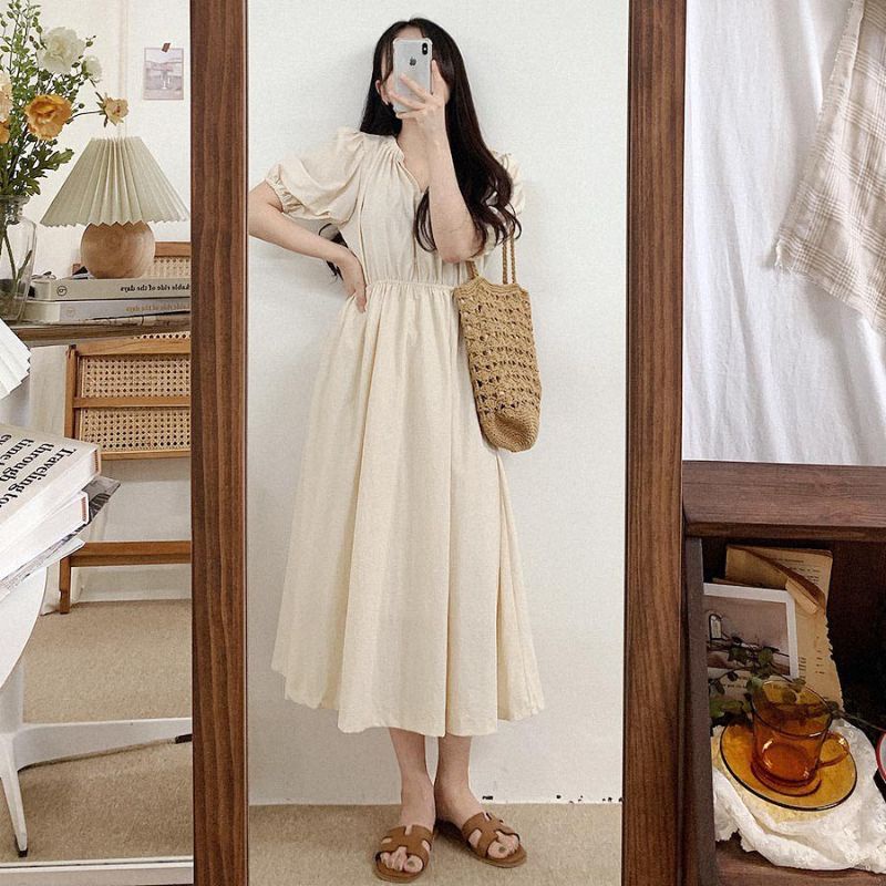 Heyjin Dress Korean Style Pakaian Wanita Midi Dress Linen Angel Premium