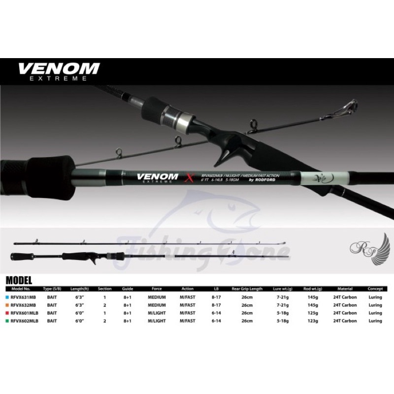 Rodford VENOM EXTREME X Series Baitcasting Rod Joran Pancing BC Non Fuji Guide Japanese style 1 sect