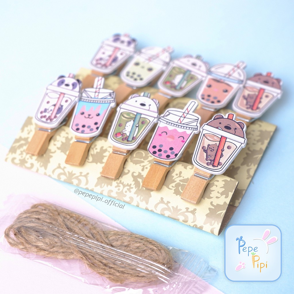 10 pcs Jepitan Foto BOBA WBB Bubble We Bare Bear Polaroid  1set  dan tali Gantungan Kayu Wooden Clip