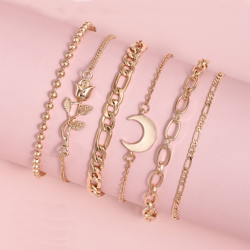 [ACKER] 6 Pcs/set BoHo Bulan Mawar Emas Bunga Chram Gelang Atur Mode Multilayer Manik-manik Gelang untuk Wanita Perhiasan Aksesoris