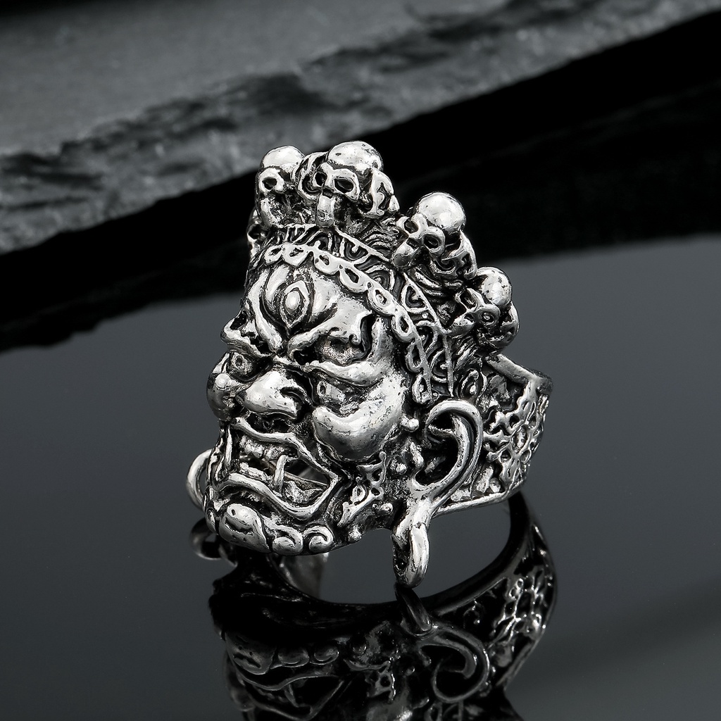 Perhiasan Cincin Adjustable Desain Tengkorak Buddha God of Wealth Gaya Retro Untuk Pria Dan Wanita