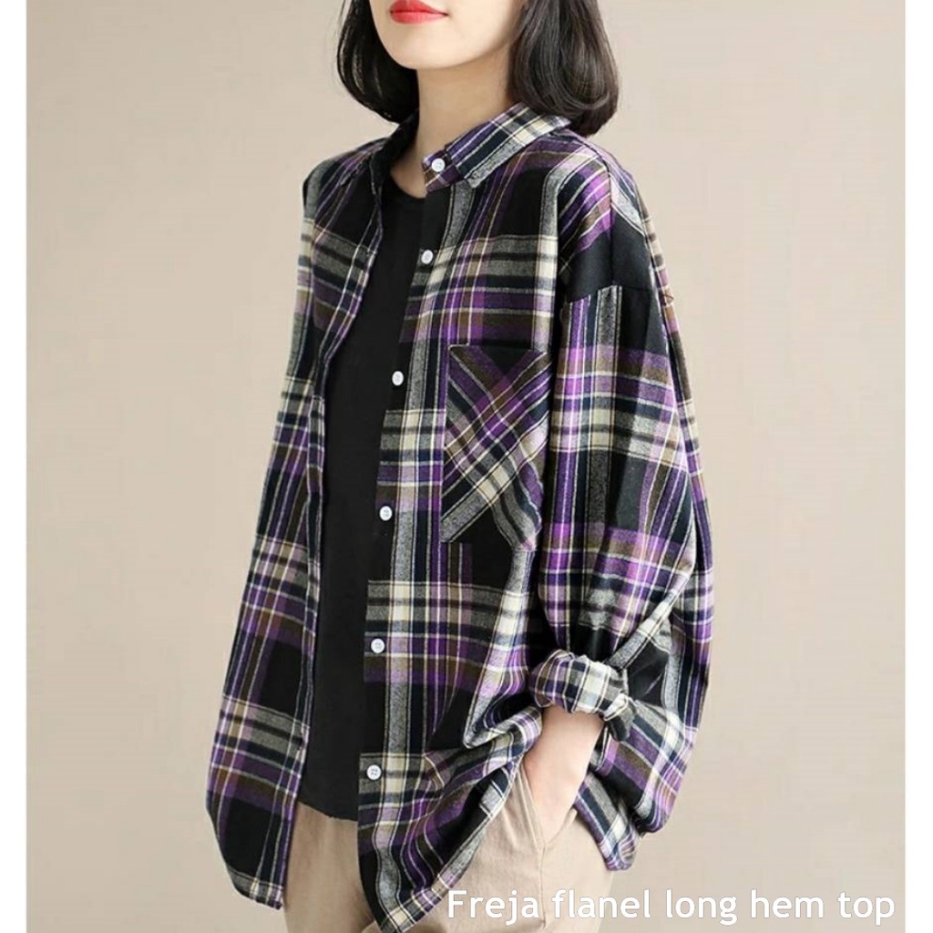 Freja flanel long hem top - Thejanclothes